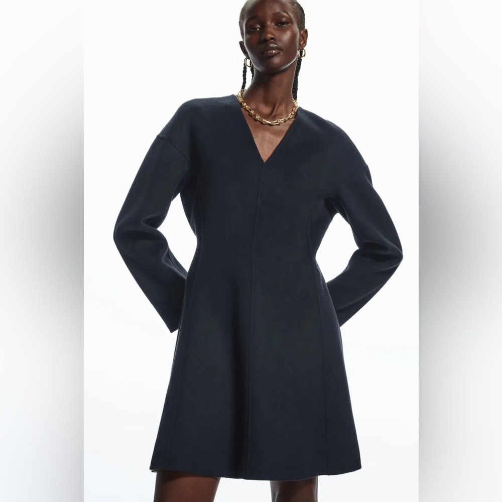 COS Double Faced Wool Black Long Sleeve V-Neck A-Line Dress